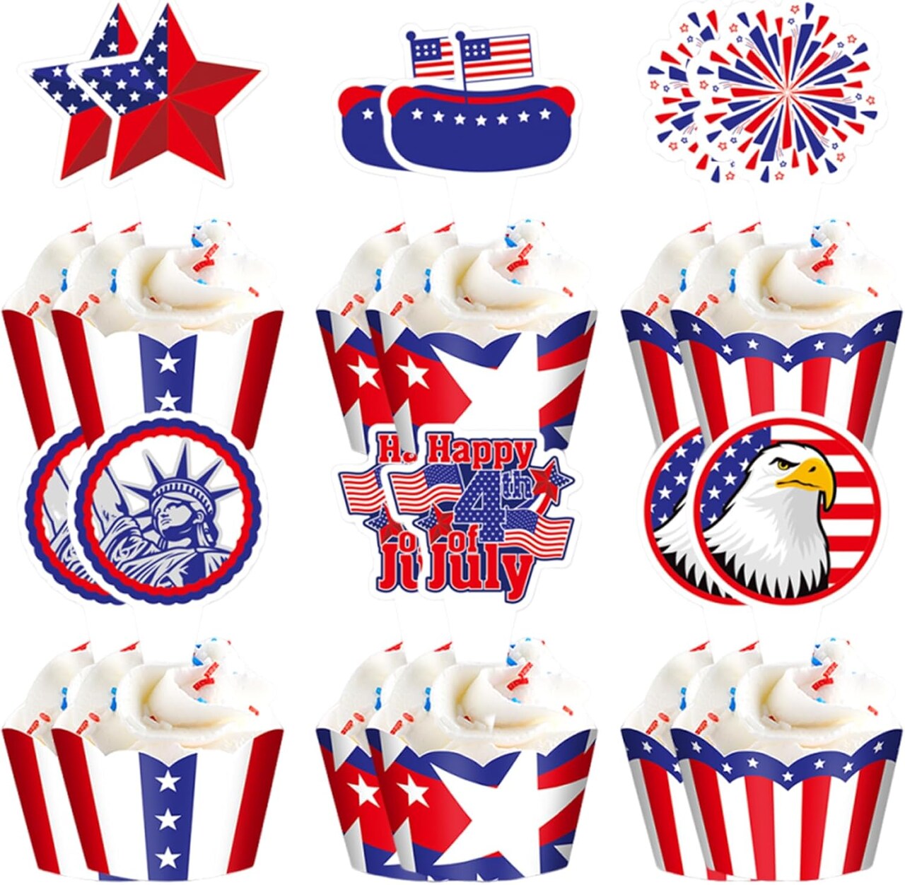 4th of July Patriotic Cupcake Toppers Independence Day Cupcake Topper Wrappers Liners Flag Star Design Cake Decorations for Memorial Day Parade Party Supplies (24 Pcs)